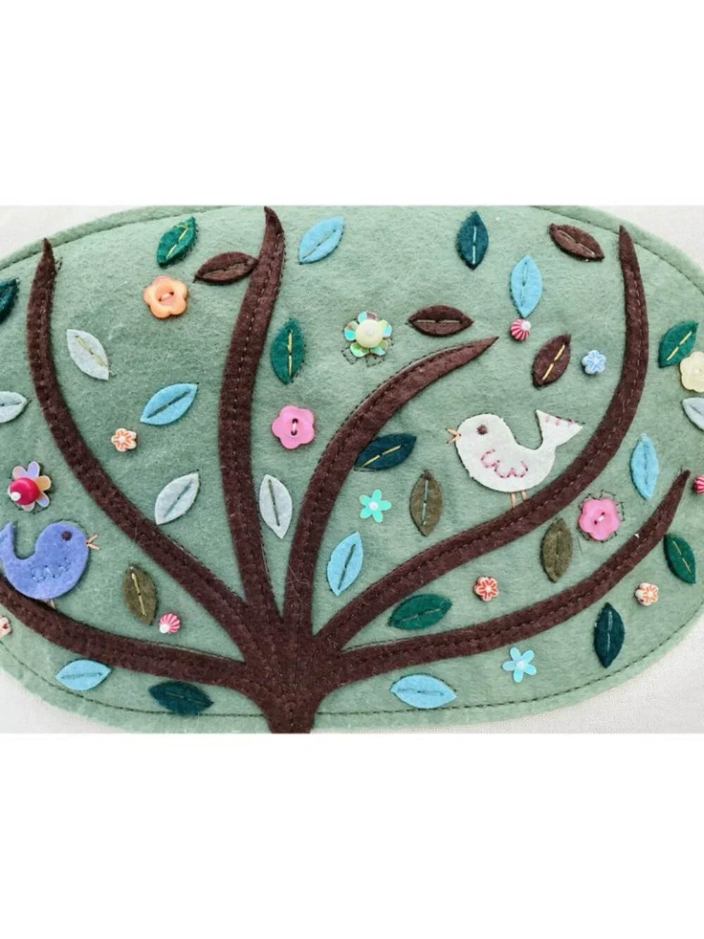Whimsical Bird Tree Applique Throw Pillow Life Is Good 12x10 Pom Trim - Picture 3 of 6